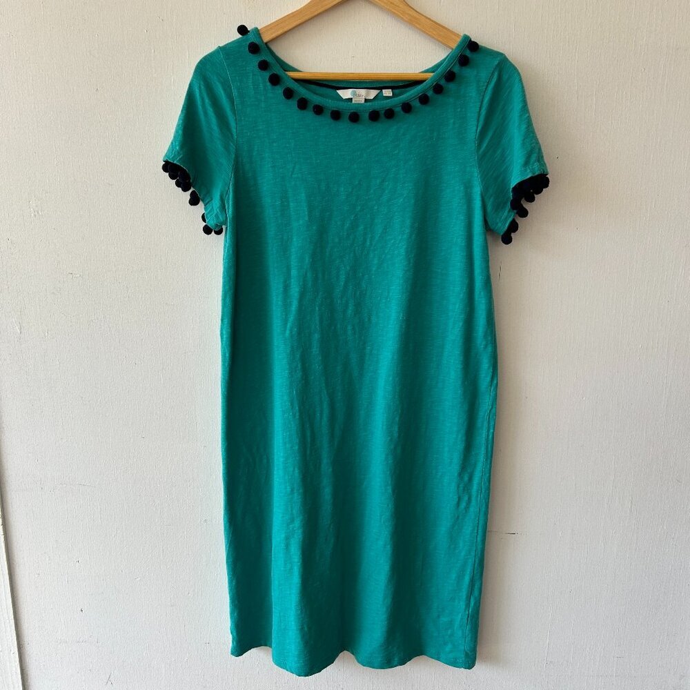 Boden Bridget Pom Pom Dress Womens 8R Teal Short Sleeve Knee Length FLAW